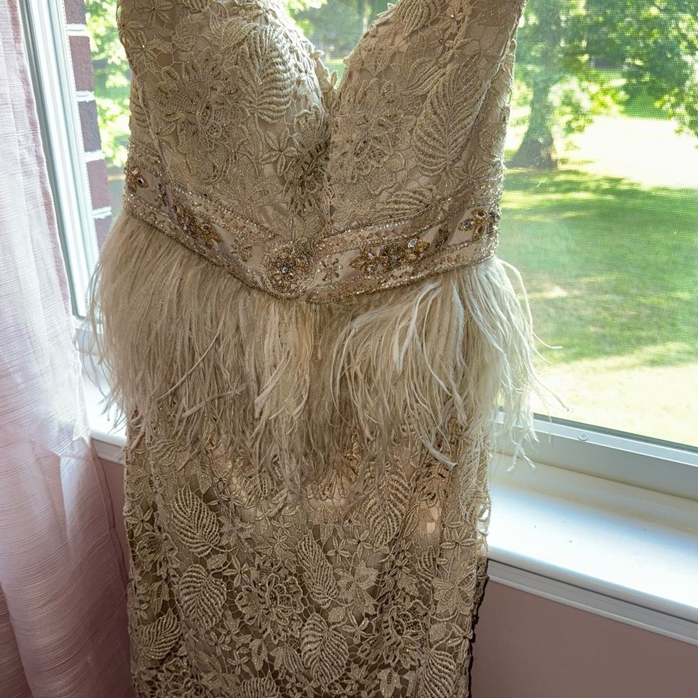 Jovani Gold Lace Cocktail Dress with Feather Detail